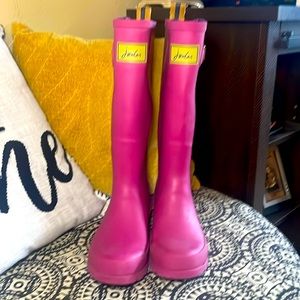 Joules Tall Rain boots. Size 6.5/UK 4/EU 37. Pink with striped detail on back.